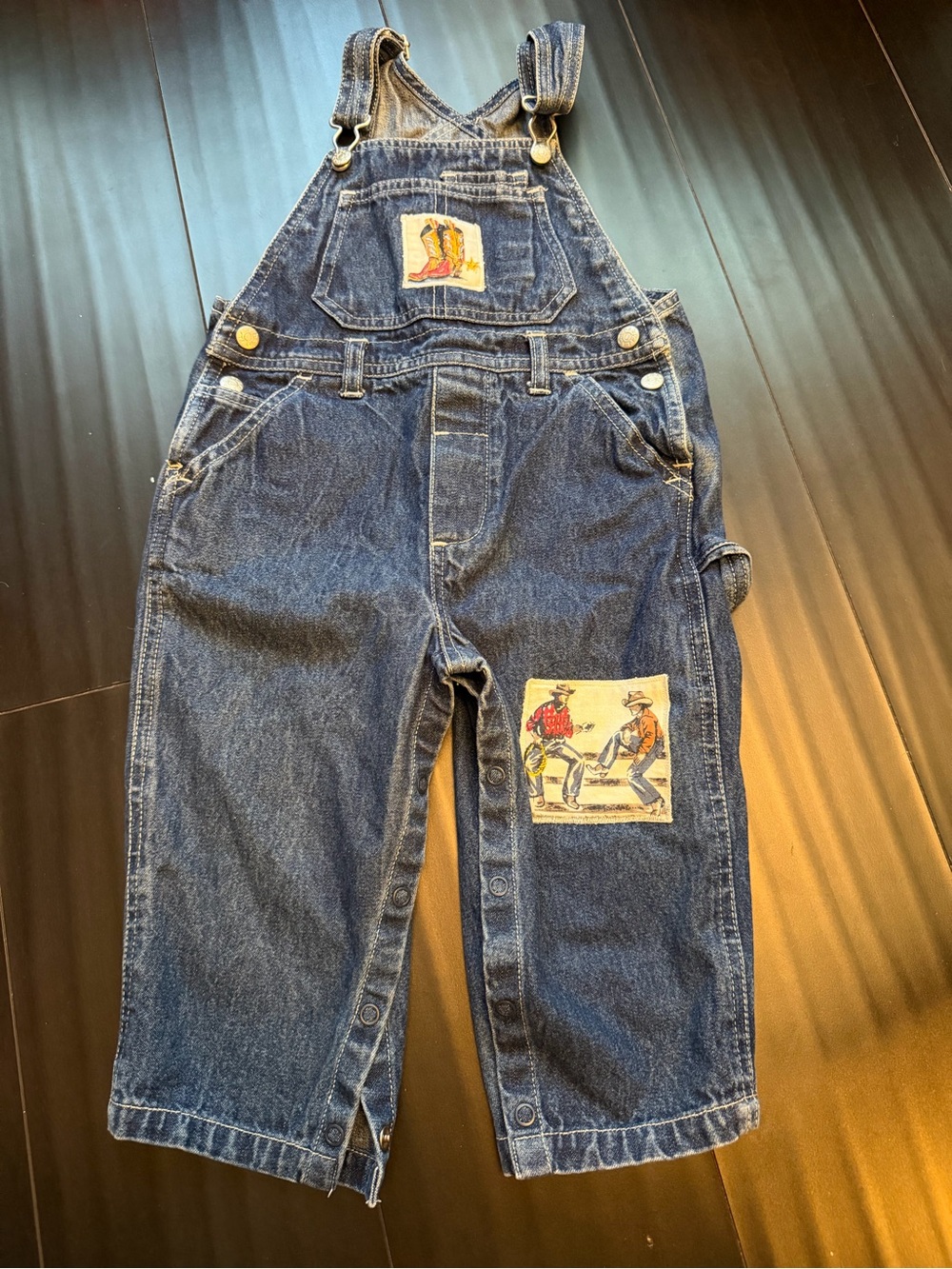 The Children's Place Dark Blue Denim Overalls with Western Patches Euc size 24 m